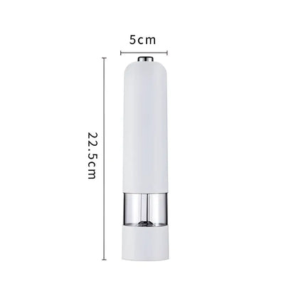 White electric automatic salt pepper mill with clear glass section and chrome accents for modern kitchen use