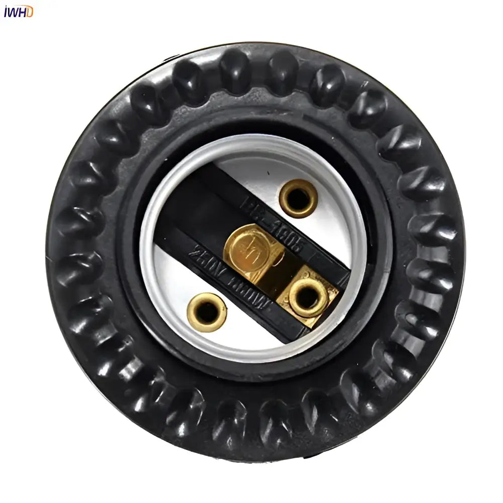 Modern black ribbed e27 socket bulb holder lamp base with textured ridged edge and brass metal contacts inside