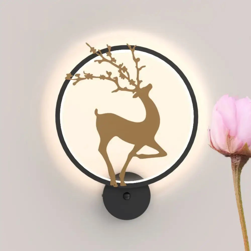 Modern black ring led elk mural wall sconce with golden deer silhouette and softly glowing white backlight for bedroom lighting
