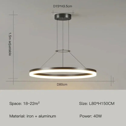 Modern black ring pendant chandelier with sleek iron and aluminum frame emitting warm white light decorbites black ring