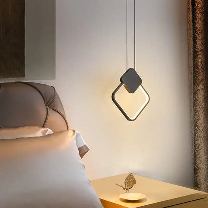 Modern black ring pendant lamp with diamond-shaped design and glowing center ideal for bedroom decorbites black ring lighting