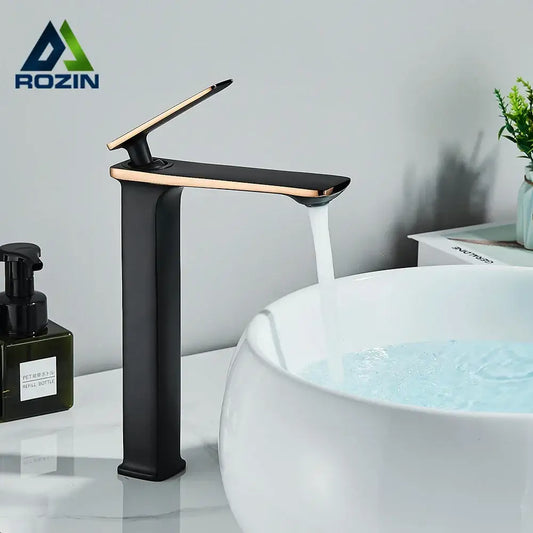 Modern black & rose gold basin faucet with sleek tall design perfect for bathroom sink mixer tap decorbites black rose