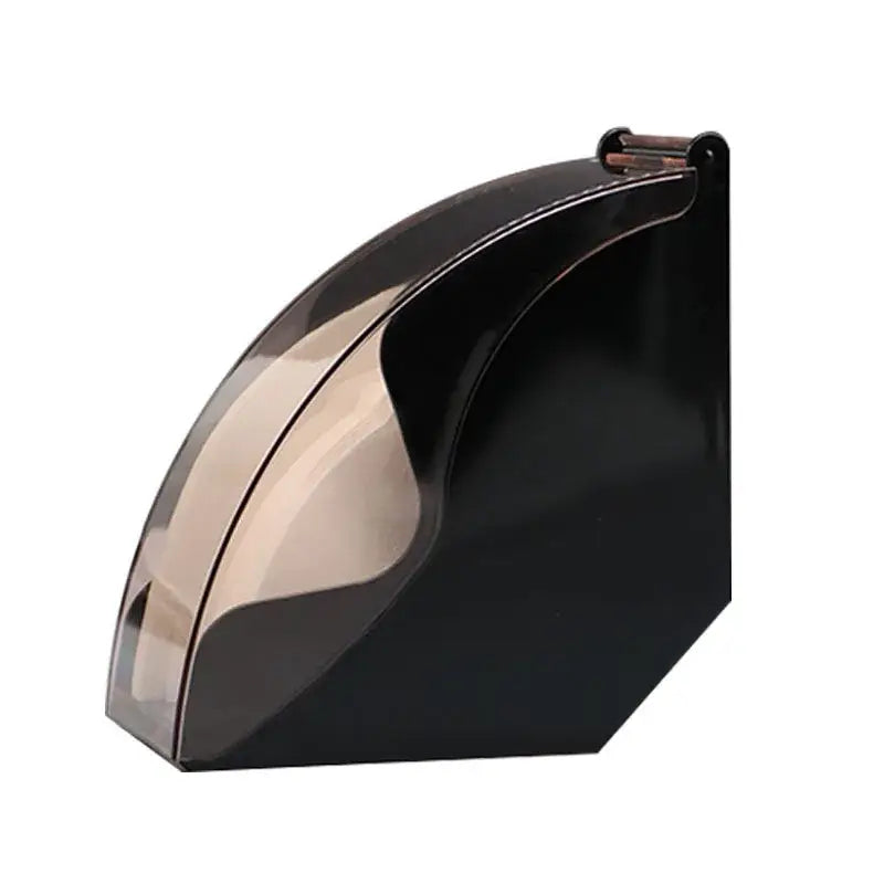 Modern black coffee filter dispenser with glossy plastic curved design and transparent front panel for kitchen storage