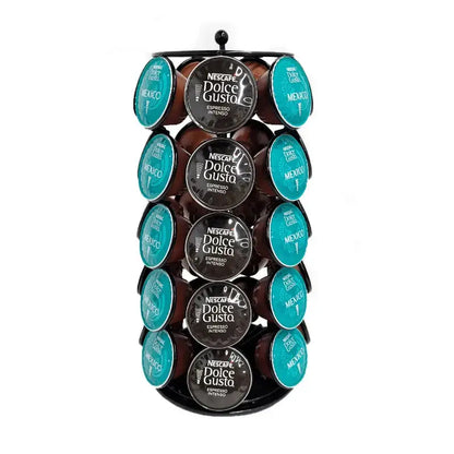 Modern black metal rotatable capsule rack displaying teal and dark brown dolce gusto espresso intenso capsules for kitchen storage decorbites dolce gusto