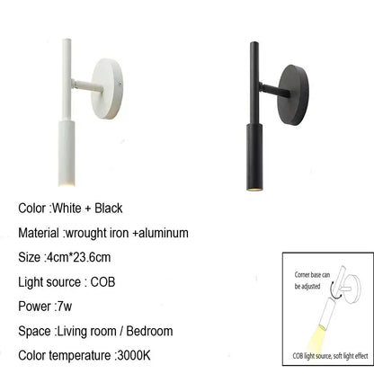 Modern black rotatable led wall lamp in white and black wrought iron and aluminum with sleek cylindrical design