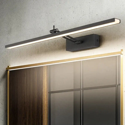 Modern black rotatable vanity wall sconce with sleek rectangular led design and adjustable arm for bathroom use
