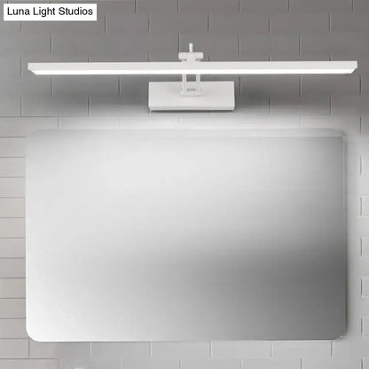 White rectangular led mirror light with a sleek minimalist design mounted above a bathroom mirror for rotatable vanity wall use