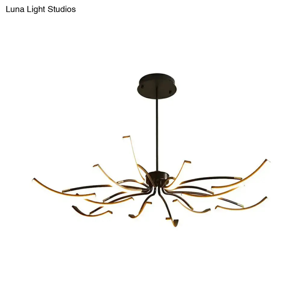 Modern black and gold rotating stick led chandelier with sleek curved arms for dining room use