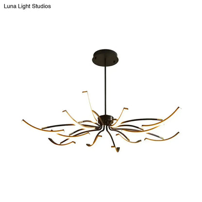 Modern black and gold rotating stick led chandelier with sleek curved arms for dining room use