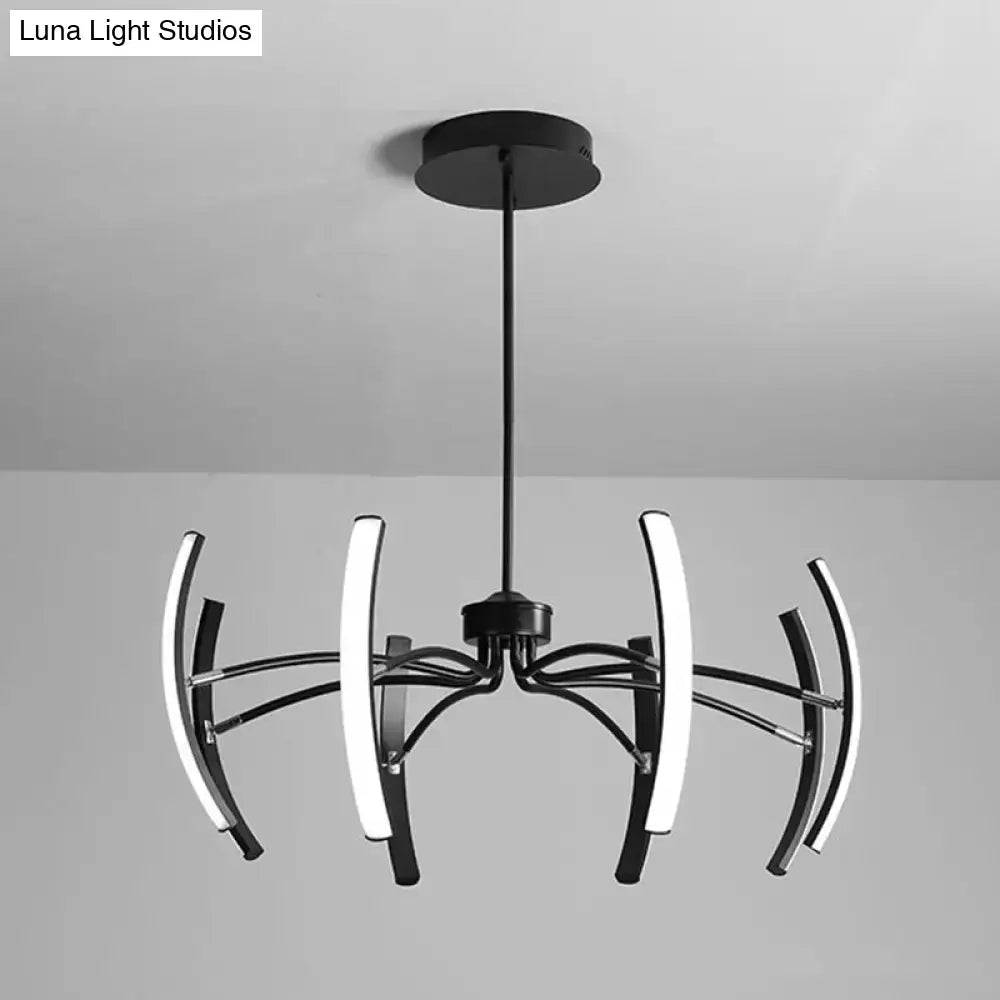 Modern black rotating stick led chandelier with sleek curved arms designed for dining room lighting