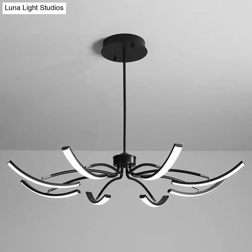 Modern black rotating stick led chandelier with sleek curved arms emitting bright white glow for dining room