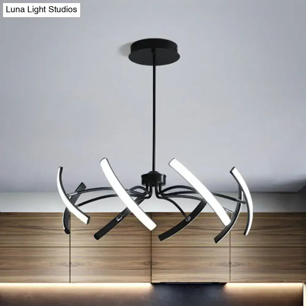 Modern black rotating stick led chandelier with sleek curved arms for dining room featuring stick led chandelier design