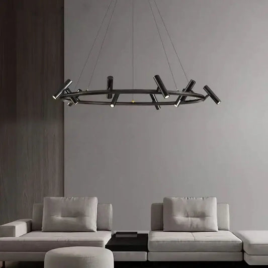 Modern black round ring chandelier with sleek cylindrical light fixtures for stylish round ring ceiling decorbites black round design