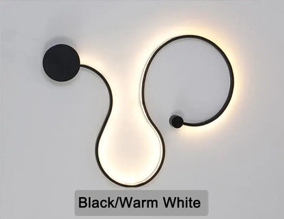 Modern black serpentine led wall lamp with sleek curved design and warm white light for living room use