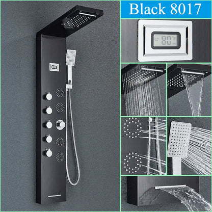 Modern black shower panel with sleek matte finish digital temperature display and multiple spray heads decorbites black shower