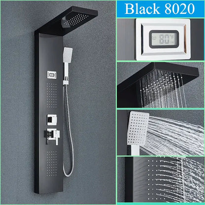 Modern black shower panel with rainfall waterfall system featuring matte black finish chrome accents and digital temperature display
