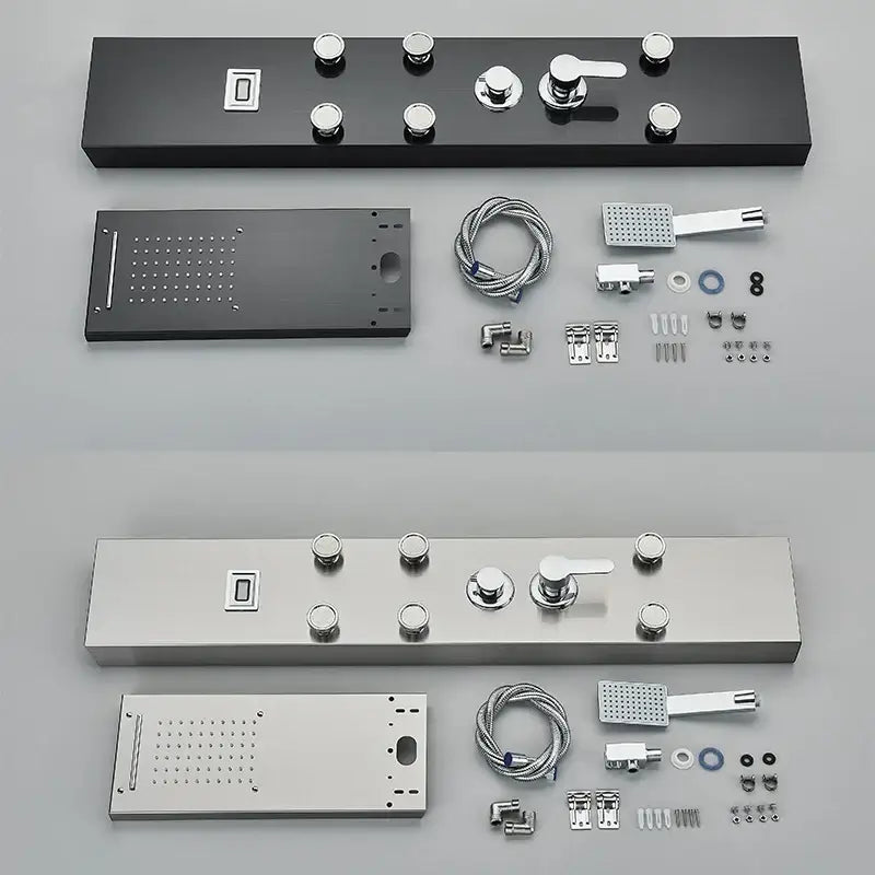 Modern black shower panel rainfall waterfall system with chrome finish, sleek black silver controls, and multiple spray heads