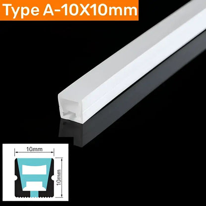 White 10mm x 10mm type a led strip light with frosted finish in a modern black silicone tube flexible outdoor channel