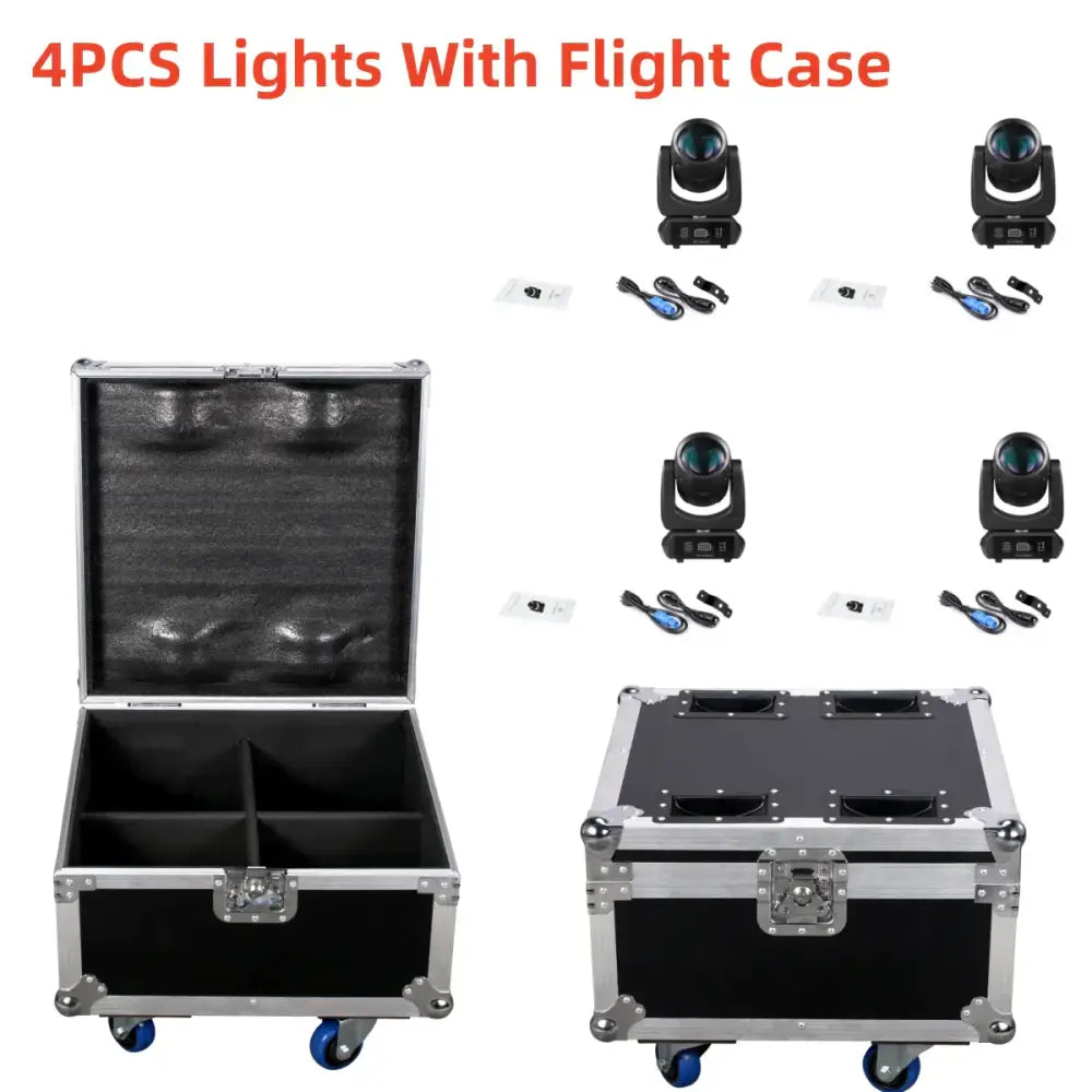 Black flight case with silver aluminum edges and blue wheels for holding four 200w mini led moving head stage lights
