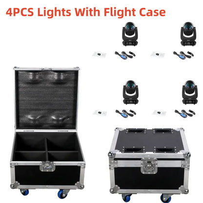 Black flight case with silver aluminum edges and blue wheels for holding four 200w mini led moving head stage lights