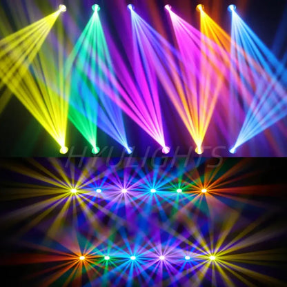 Modern black and silver 200w mini led moving head stage light with vibrant multi-colored beams for dynamic lighting effects
