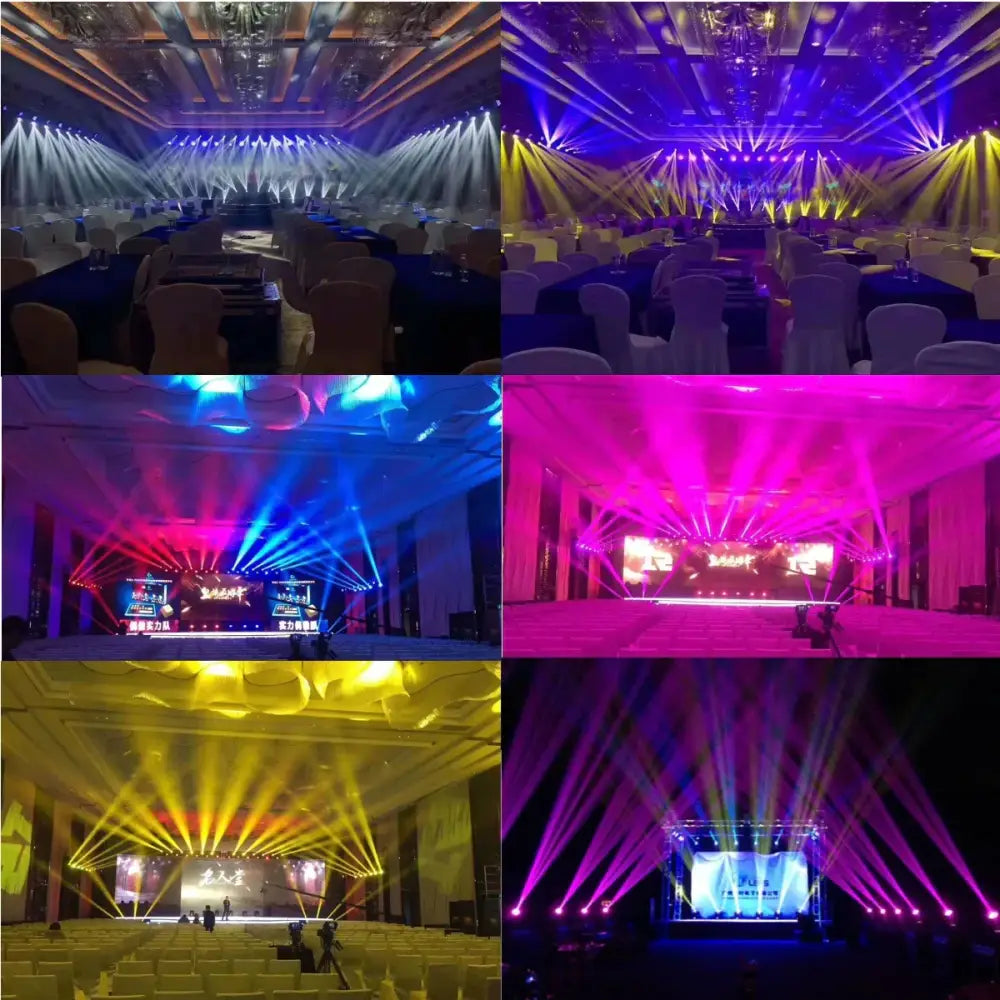 A modern black and silver 200w mini led moving head stage light with vibrant multi-colored beams in a large event hall