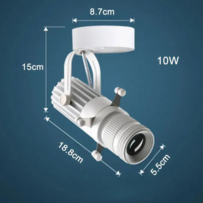 White 10w led spotlight with cylindrical body and adjustable mounting bracket for decorbites adjustable led track use