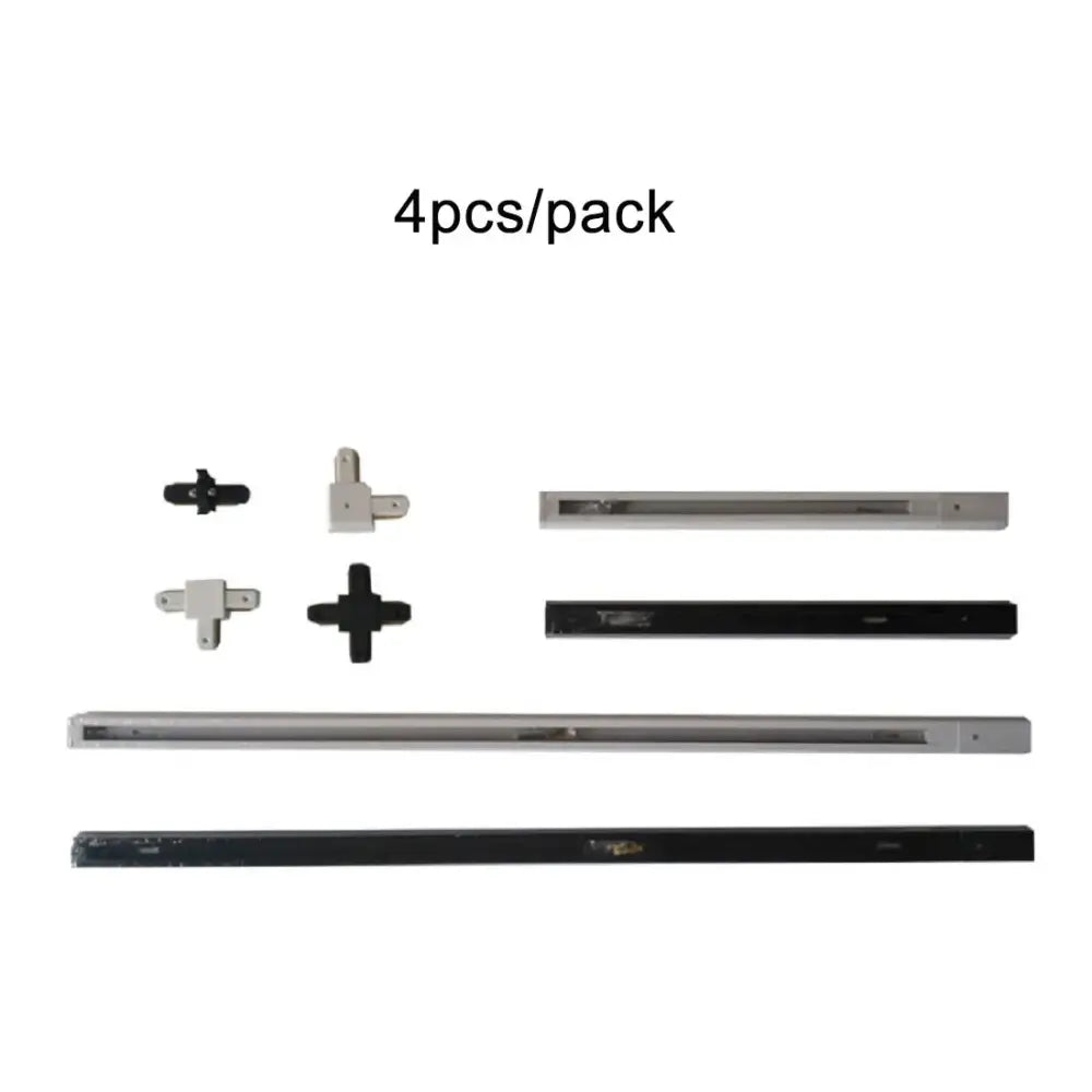Set of four modern black and silver ceiling track rail lighting fixtures with matching connector set brackets for kitchen use
