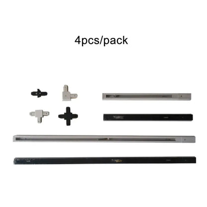 Set of four modern black and silver ceiling track rail lighting fixtures with matching connector set brackets for kitchen use