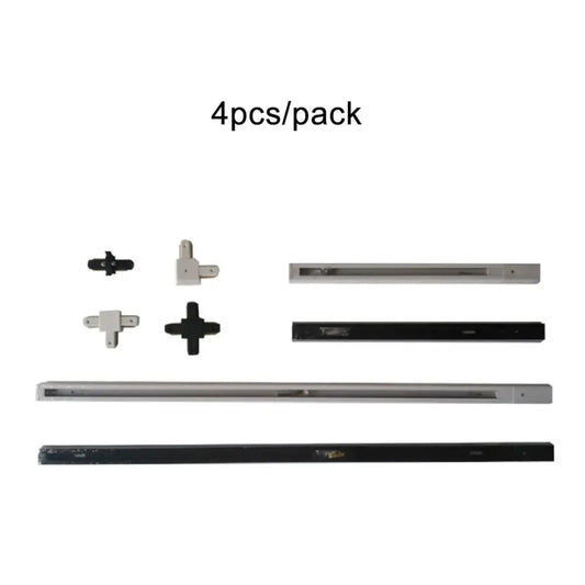 Set of four modern black and silver ceiling track rail lighting fixtures with matching connector set brackets for kitchen use
