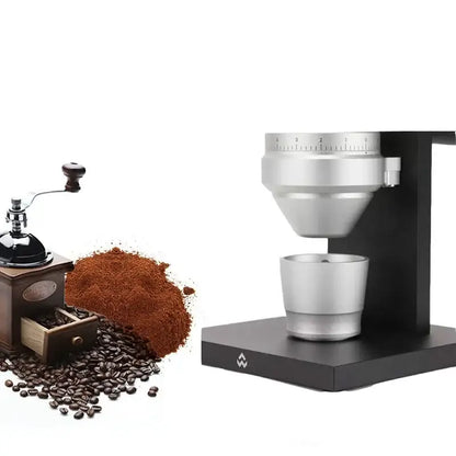 Modern black and silver coffee tamper bowl with a calibrated dosing ring top for precise brewing in the kitchen