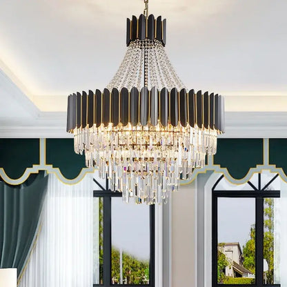 Elegant modern black and gold crystal led chandelier with cascading prisms by decorbites for dining room decor