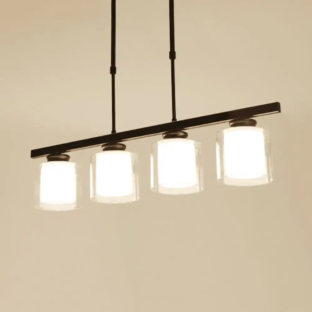 Modern black metal pendant light with four clear glass cylindrical shades ideal for cooking space with e26 e27 bulbs