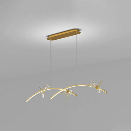 Gold-toned DecorBites Dragonfly minimalist ceiling light with three wire mesh fixtures and stepless dimming for restaurants