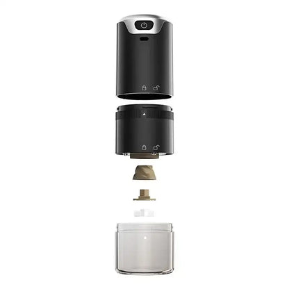 Modern black and silver electric coffee tamper barista grinder with transparent glass base for espresso coffee tamper use
