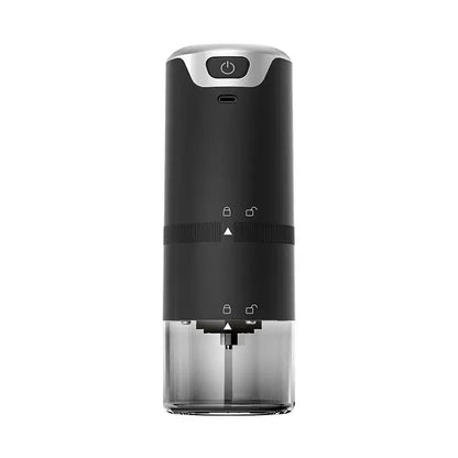 Modern black and silver portable electric coffee tamper barista grinder with transparent base for viewing grounds