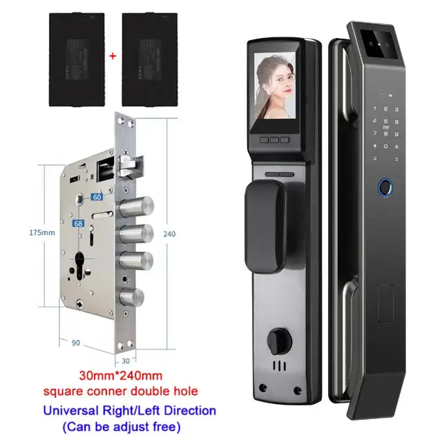 Modern black and silver aluminium alloy door lock with face recognition, touchscreen, keypad, fingerprint sensor, and camera
