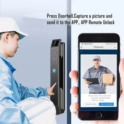 Modern black and silver aluminium alloy door lock with face recognition and blue illuminated keypad for front door security