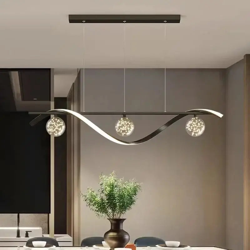 Modern black and silver curved pendant light with three glass ball led fixtures for dining room decorbites glass ball design