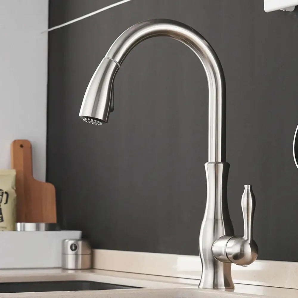 Modern black single handle kitchen faucet with curved swivel spout in stainless steel for sleek kitchen decorbites black single use