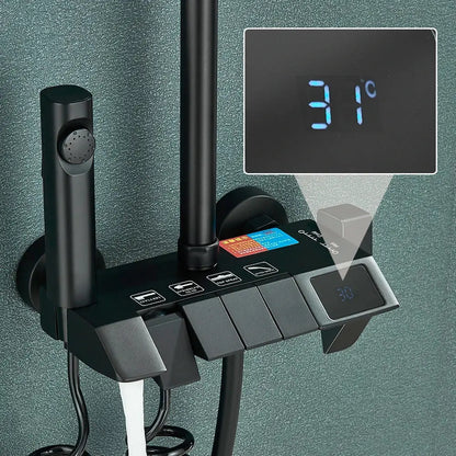 Modern black smart digital rainfall shower system with digital temperature display and multiple control buttons
