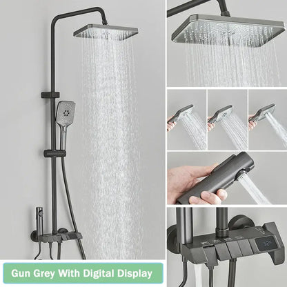 Modern black smart digital rainfall shower system with gun grey square rainhead handheld spray and digital temperature display