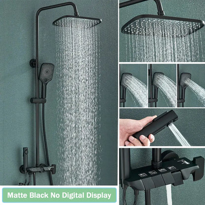 Matte black smart digital rainfall shower system with square rainhead handheld spray and control panel decorbites black smart digital