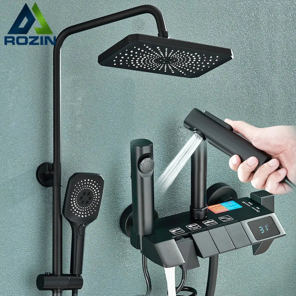 Modern black smart digital rainfall shower system with matte finish square rainhead handheld spray and digital control panel