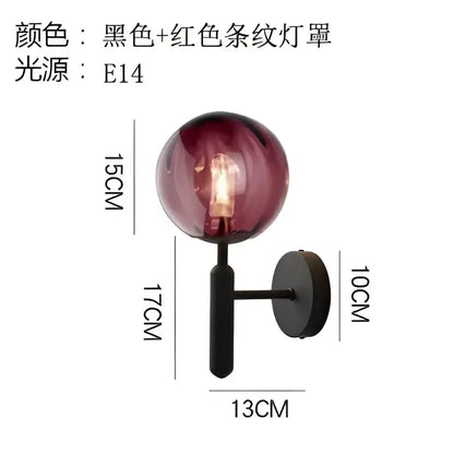 Modern black smoked glass ball led wall lamp with black and red striped decorbites glass ball and sleek metal arm