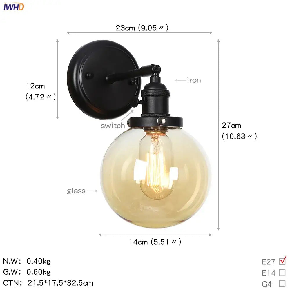 Modern black iron glass ball wall sconce with frosted amber globe and exposed filament bulb for hallway decorbites glass ball
