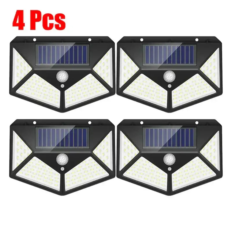 Modern black solar powered outdoor wall lamp with triangular design and multiple led panels motion sensor light