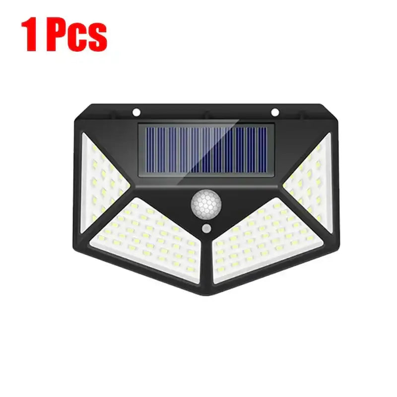 Modern black solar powered outdoor wall lamp with four triangular led panels and a central motion sensor for garden use