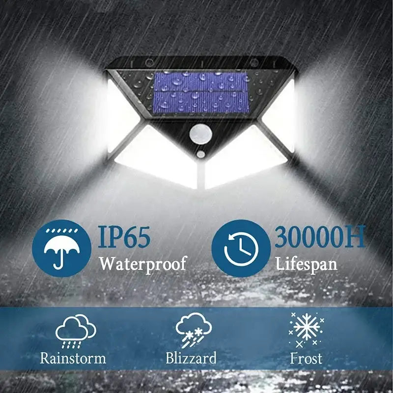 Modern black solar powered outdoor wall lamp with blue solar panel and white led lights for garden motion sensor use