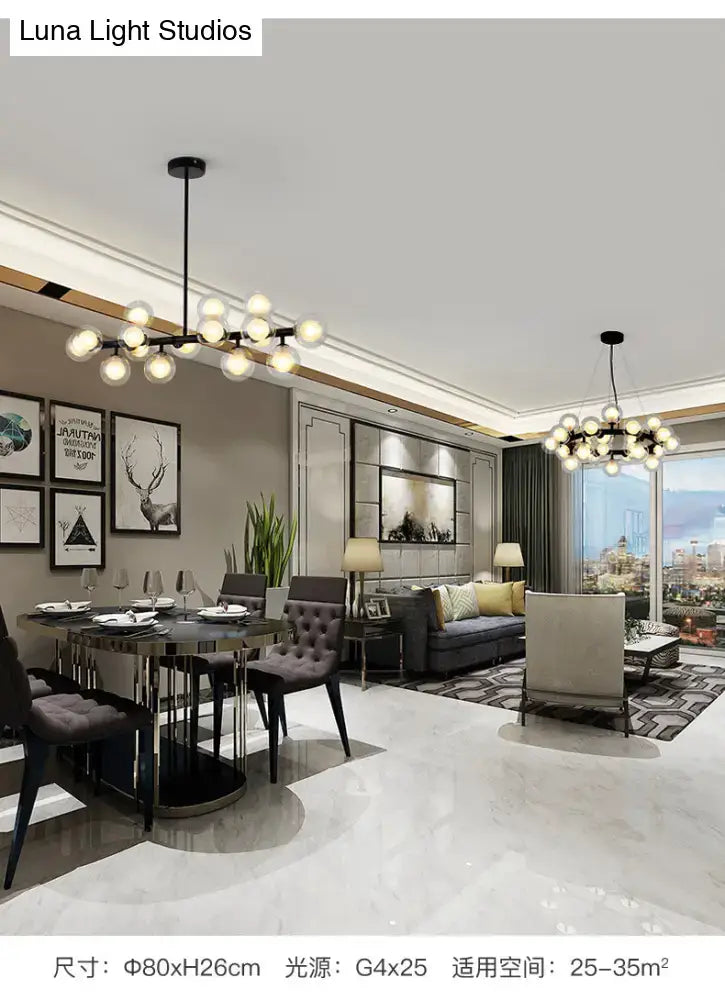 Modern black spherical glass ceiling light chandelier with metal frame featuring multiple spherical glass bulbs for dining room